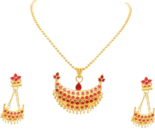 Assamese_Traditional_Gold_Plated_Red_Colour_Joonbiri_Chain_Jewellery_Set_For_Women